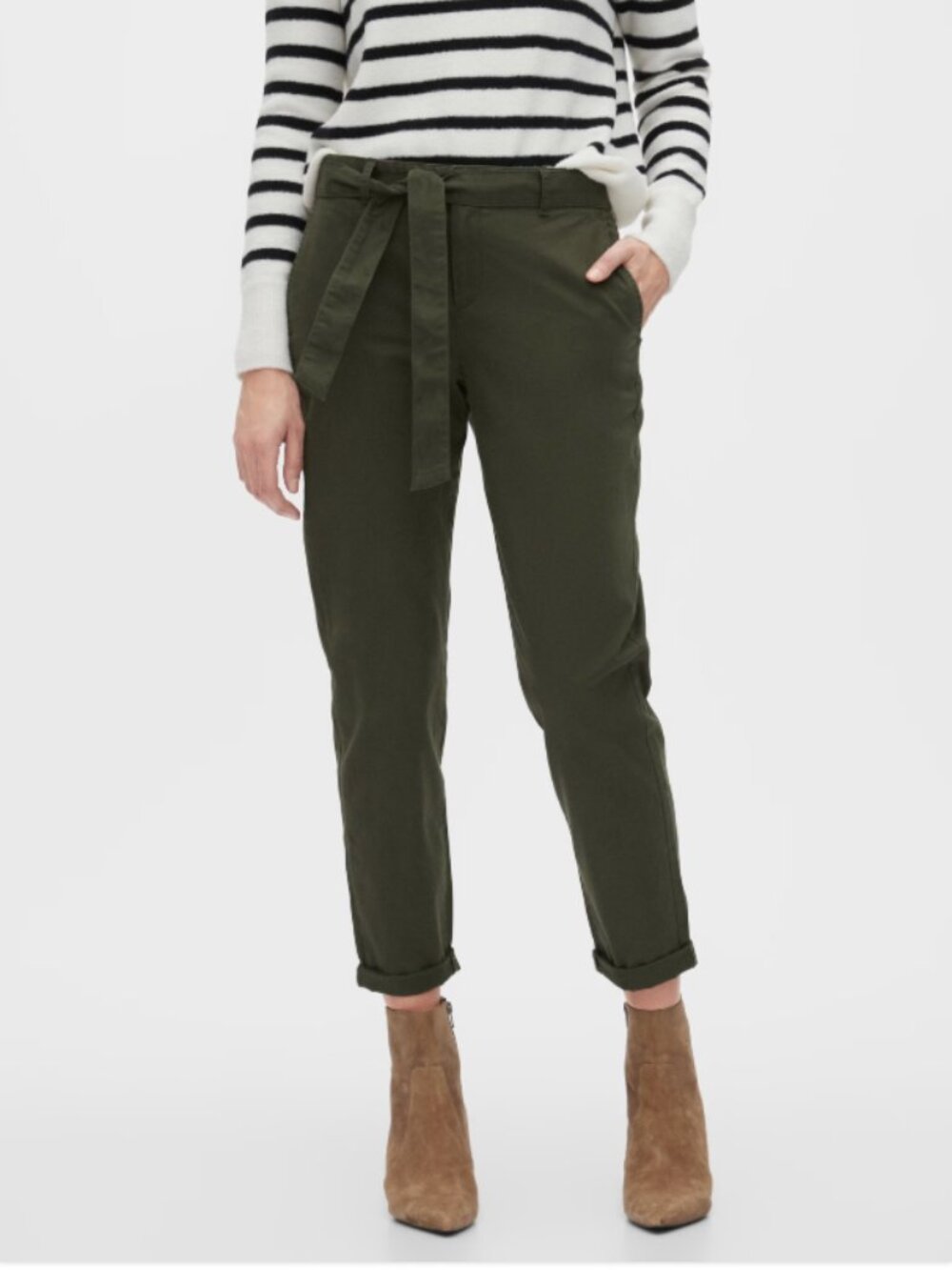 Banana Republic Tie-Belt Chino Pants Womens Size 4 Green Pockets Cotton Stretch